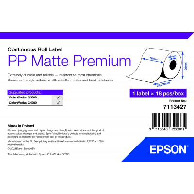 Epson 7113427 PP Matte, a ColorWorks esetében, 76mmx29m, polipropilén, fehér öntapadó címkék