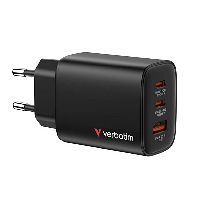 VERBATIM GaN Essentials 65 W-os töltő, 2xUSB-C, 1xUSB-A, fekete