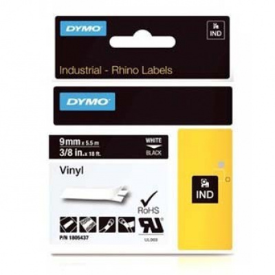 Dymo Rhino 1805437, 9mm x 5,5m, fehér nyomtatás / fekete alapon, eredeti szalag
