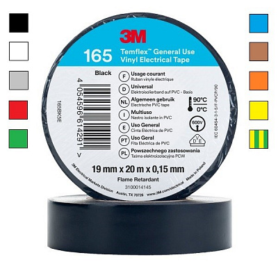 3M Temflex 165 elektromos szigetelőszalag, 19 mm x 20 m 19 mm x 20 m fekete/black