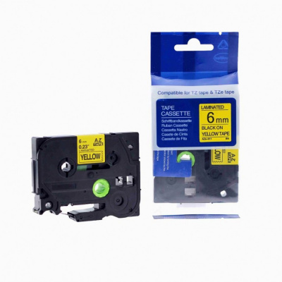 Brother TZ-611 / TZe-611, 6mm x 8m, fekete nyomtatás / sárga alapon, kompatibilis szalag 