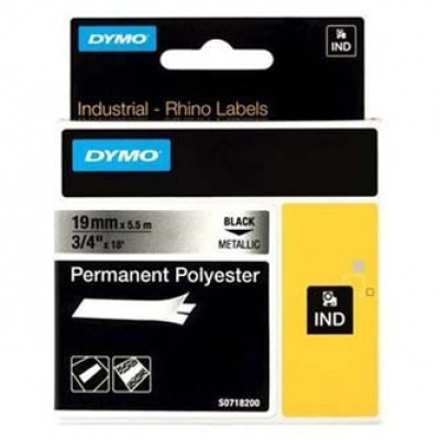 Dymo Rhino 18487, 19mm x 5.5m, fekete nyomtatás / fémes alapon, eredeti szalag