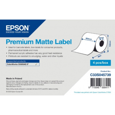 Epson C33S045739 Premium Matte, a ColorWorks esetében, 203mmx60m, fehér öntapadó címkék
