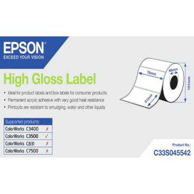 Epson C33S045542 High Gloss, a ColorWorks esetében, 76x51mm, 610db, fehér öntapadó címkék