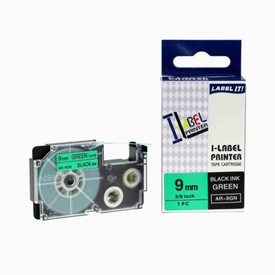 Casio XR-9GN1, 9mm x 8m fekete nyomtatás / zöld alapon, kompatibilis szalag 