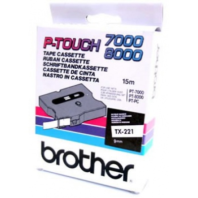 Brother TX-221, 9mm x 8m, fekete nyomtatás / fehér alapon, eredeti szalag