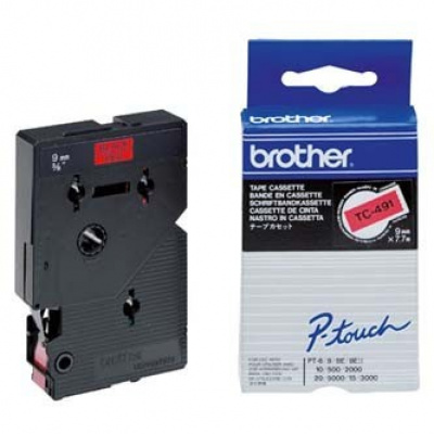 Brother TC-491, 9mm x 7,7m, fekete nyomtatás / piros alapon, eredeti szalag