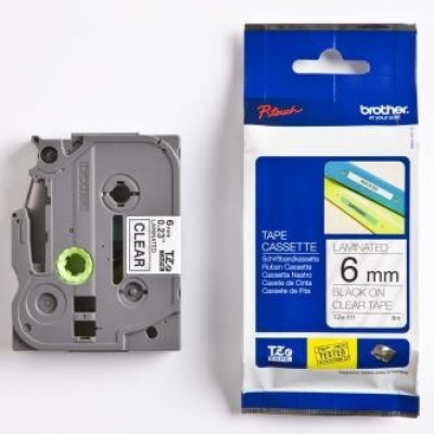 Brother TZ-111 / TZe-111, 6mm x 8m, fekete nyomtatás / átlátszó alapon, eredeti szalag