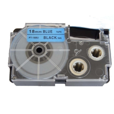 Casio XR-18BU1, 18mm x 8m fekete nyomtatás / kék alapon, kompatibilis szalag 