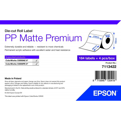 Epson 7113422 PP Matte, a ColorWorks esetében, 210x297mm, 184db, polipropilén, fehér öntapadó címkék