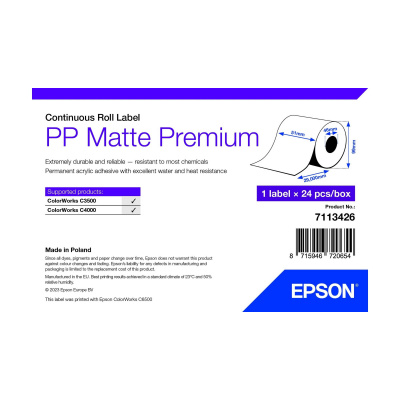 Epson 7113426 PP Matte, a ColorWorks esetében, 51mm x 29m, polipropilén, fehér öntapadó címkék