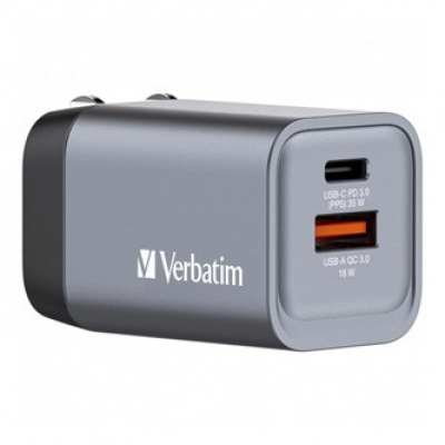 Verbatim GaN 32200, utazási hálózati töltő, USB 3.0, USB C, szürke, 35 W, cserélhető villák C,G,A