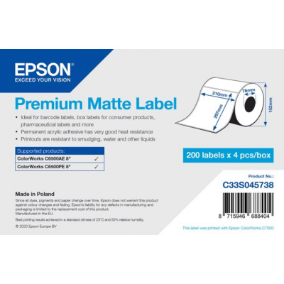 Epson C33S045738 Premium Matte, a ColorWorks esetében, 210x297mm, 200db, fehér öntapadó címkék