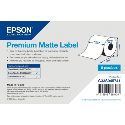 Epson C33S045741 Premium Matte, a ColorWorks esetében, 102mmx60m, fehér öntapadó címkék