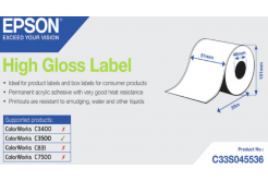 Epson C33S045536 High Gloss, a ColorWorks esetében, 51mmx33m, fehér öntapadó címkék