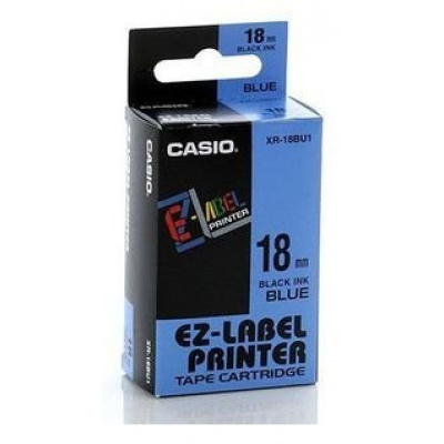 Casio XR-18BU1, 18mm x 8m, fekete nyomtatás / kék alapon, eredeti szalag