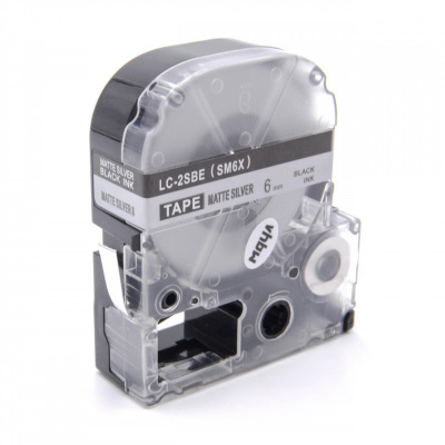 Epson LC-2SBE, SM6X, 6mm x 8m, fekete nyomtatás / matt ezüst alapon, kompatibilis szalag