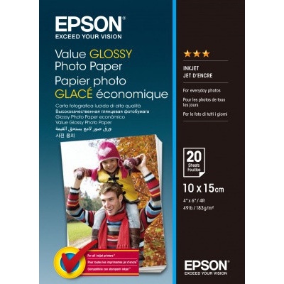 Epson C13S400037 Value Glossy Photo Paper, fehér fényes fotópapírok 10x15cm, 183 g/m2, 20 db, C13S400037