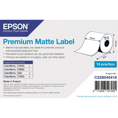 Epson C33S045418 Premium Matte, a ColorWorks esetében, 76mmx35m, fehér öntapadó címkék