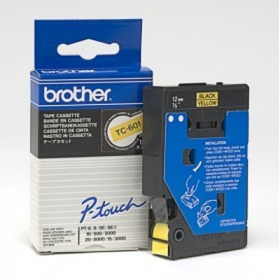 Brother TC-601, 12mm x 7,7m, fekete nyomtatás / sárga alapon, eredeti szalag