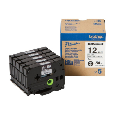 Brother HGE-M931V5, 12mm x 8m, fekete nyomtatás / ezüst alapon, eredeti szalag, 5db