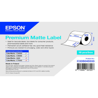 Epson C33S045533 Premium Matte, a ColorWorks esetében, 102x152mm, 225db, fehér öntapadó címkék