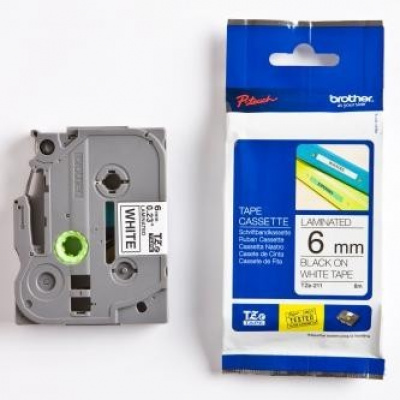 Brother TZ-211 / TZe-211, 6mm x 8m, fekete nyomtatás / fehér alapon, eredeti szalag