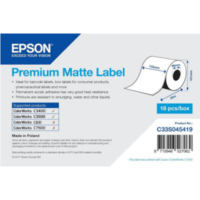 Epson C33S045419 Premium Matte, a ColorWorks esetében, 102mmx35m, fehér öntapadó címkék