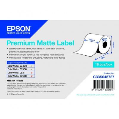 Epson C33S045727 Premium Matte, a ColorWorks esetében, 105mmx35m, fehér öntapadó címkék