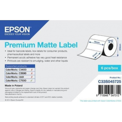 Epson C33S045725 Premium Matte, a ColorWorks esetében, 76x51mm, 2310db, fehér öntapadó címkék