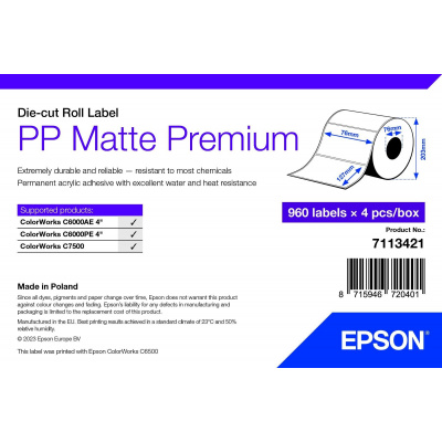 Epson 7113421 PP Matte, a ColorWorks esetében, 76x127mm, 960db, polipropilén, fehér öntapadó címkék