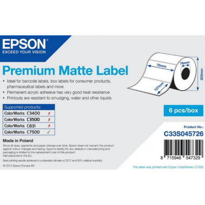Epson C33S045726 Premium Matte, a ColorWorks esetében, 76x127mm, 960db, fehér öntapadó címkék