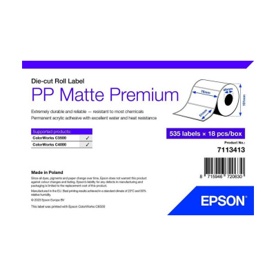 Epson 7113413 PP Matte, a ColorWorks esetében, 76x51mm, 535db, polipropilén, fehér öntapadó címkék