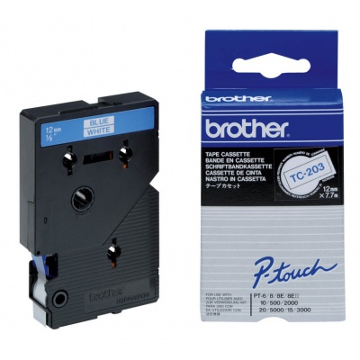 Brother TC-203, 12mm x 7,7m, kék nyomtatás / fehér alapon, eredeti szalag