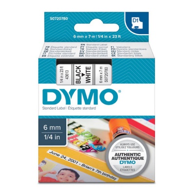Dymo D1 43613, S0720780, 6mm x 7m fekete nyomtatás / fehér alapon, eredeti szalag