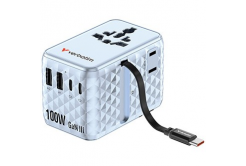 Verbatim, Cestovní adaptér univerzální Charge ,n, Travel 2x USB-C, 2X USB-A + 1x integrovaný kabel USB-C, modrá, 100 W