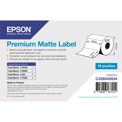 Epson C33S045534 Premium Matte, a ColorWorks esetében, 76x51mm, 650db, fehér öntapadó címkék