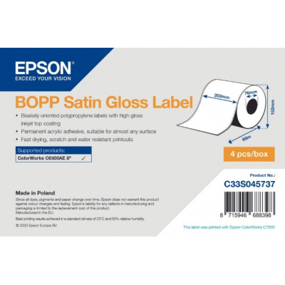 Epson C33S045737 BOPP Satin Gloss, a ColorWorks esetében, 203mmx68m, fehér öntapadó címkék