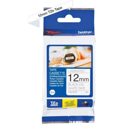 Brother TZE-231S, 12mm x 4m, fekete nyomtatás / fehér alapon, laminált, eredeti szalag