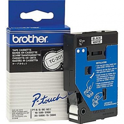 Brother TC-201, 12mm x 7,7m, fekete nyomtatás / fehér alapon, eredeti szalag