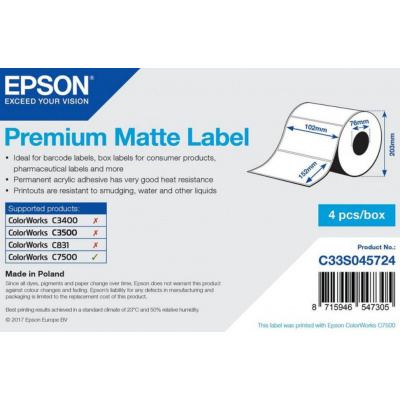 Epson C33S045724 Premium Matte, a ColorWorks esetében, 102x152mm, 800db, fehér öntapadó címkék