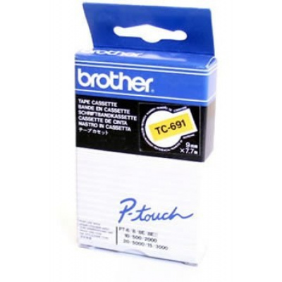 Brother TC-691, 9mm x 7,7m, fekete nyomtatás / sárga alapon, eredeti szalag