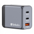 Verbatim GaN 32201, utazási hálózati töltő, USB 3.0, USB C, szürke, 65 W, cserélhető villák C,G,A