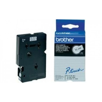Brother TC-291, 9mm x 7,7m, fekete nyomtatás / fehér alapon, eredeti szalag