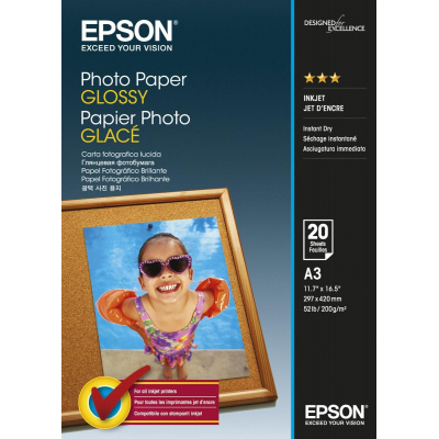Epson Glossy Photo Paper, fotópapírok, fényes, fehér, Stylus Color, Photo, Pro, A3, 200 g/m2, 20 db, C13S042536, inkoustový