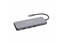 Verbatim 32153 USB-C Hub, Multiport Pro 13 Port, 6x USB-A, 2x USB-C, 2x HDMI, DP, RJ45, 3.5mm Jack audio, szürke