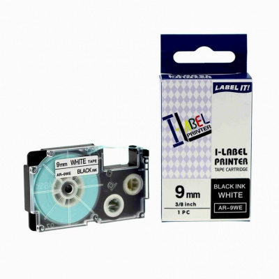Casio XR-9GWE, 9mm x 5,5m fekete nyomtatás / fehér alapon, extr.adh. utángyártott szalag