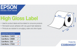 Epson C33S045537 High Gloss, a ColorWorks esetében, 76mmx33m, fehér öntapadó címkék