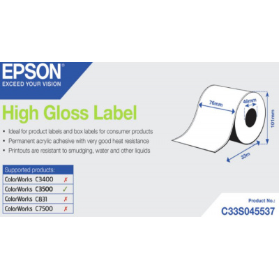 Epson C33S045537 High Gloss, a ColorWorks esetében, 76mmx33m, fehér öntapadó címkék