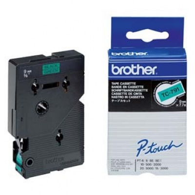Brother TC-791, 9mm x 7,7m, fekete nyomtatás / zöld alapon, eredeti szalag